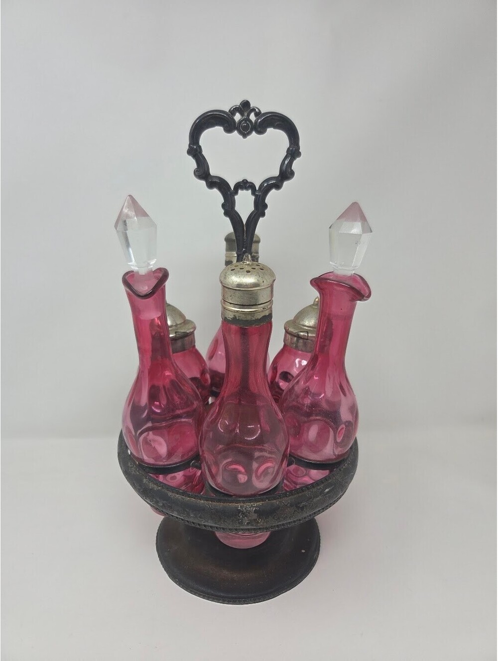 Victorian Cranberry Glass Cruet Condiment Cast Metal Caddy Set Six Bottles